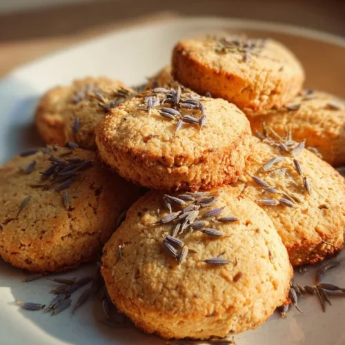 Lavender Earl Grey Cookies garnished with dried lavender and tea leaves.