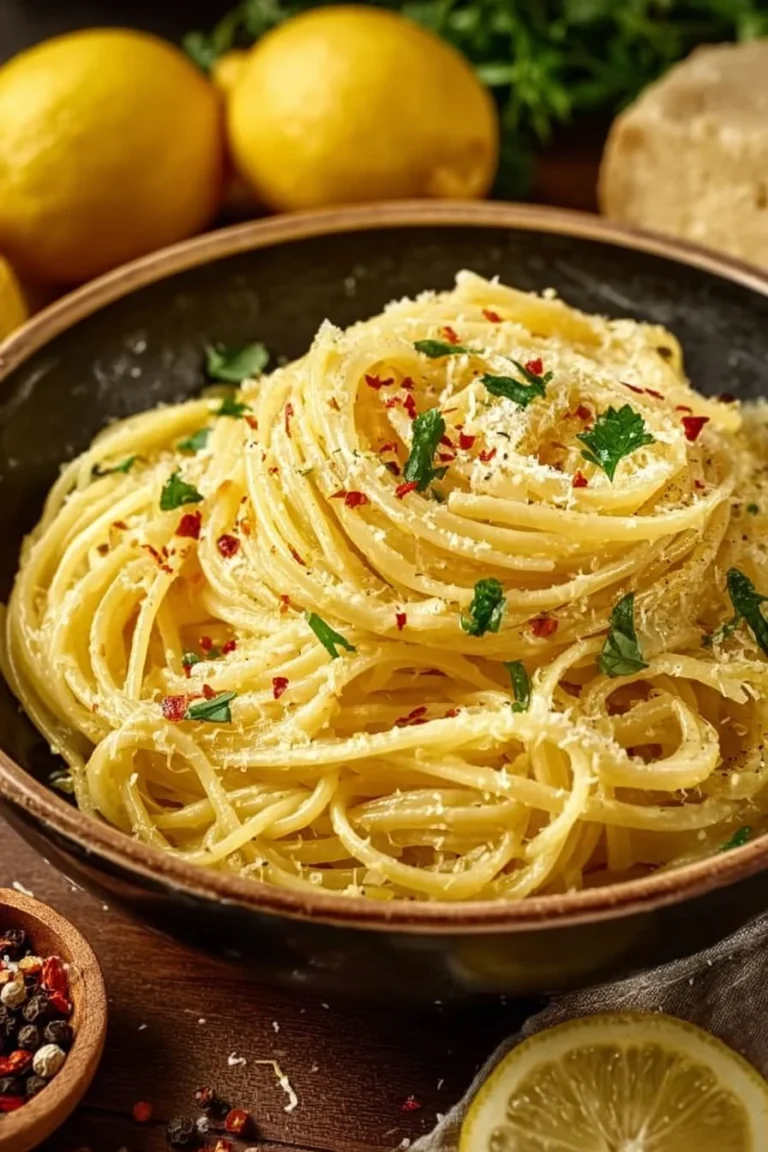 Delicious lemon butter garlic pasta sauce on a plate