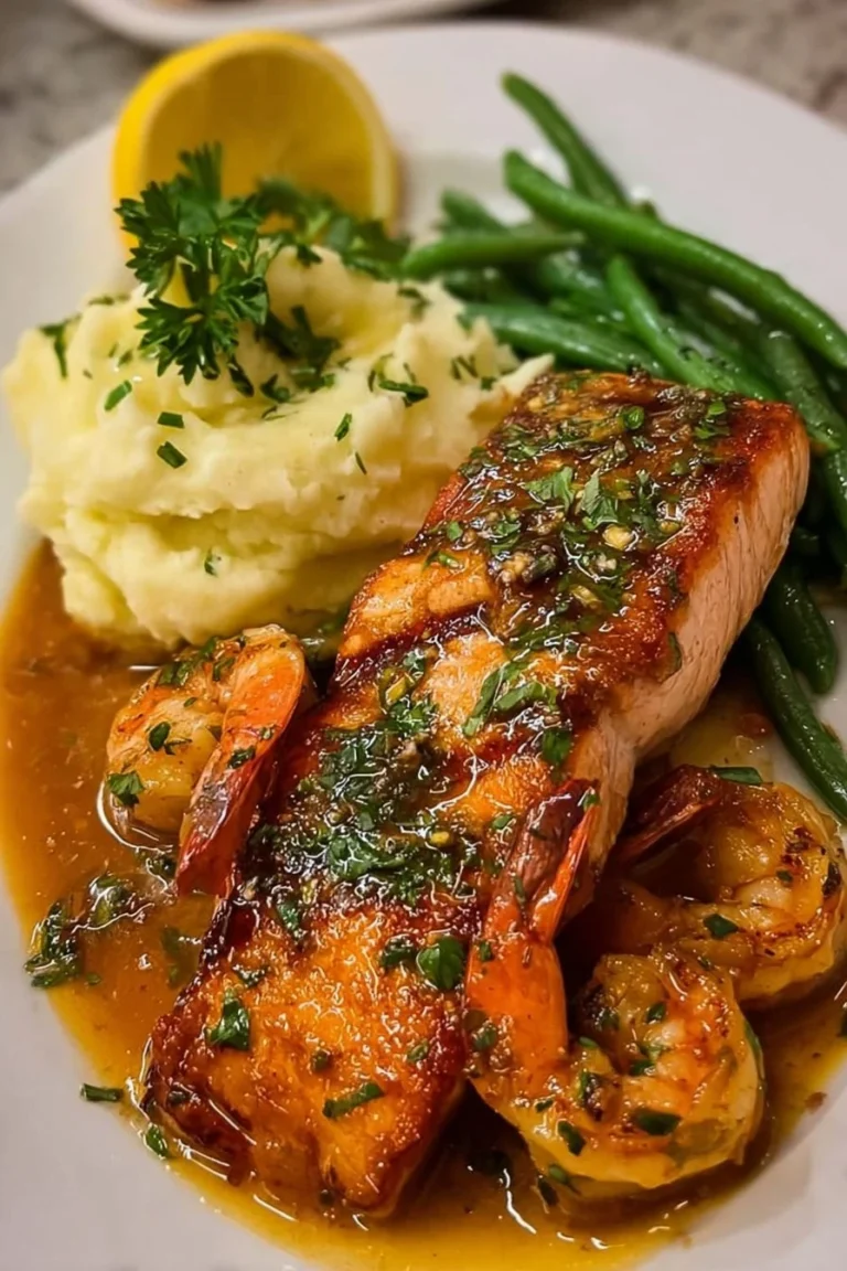Lemon Butter Salmon with Shrimp served alongside garlic mashed potatoes and sautéed green beans.