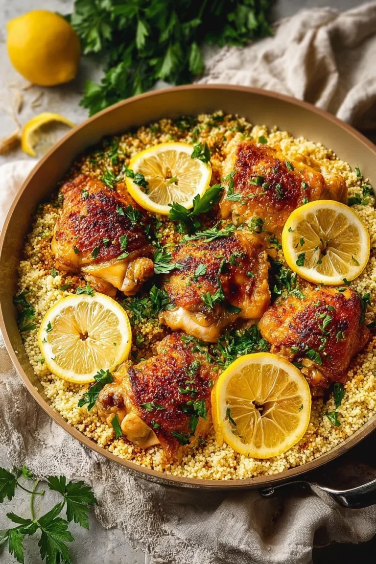 Plate of lemon chicken served with couscous and fresh herbs