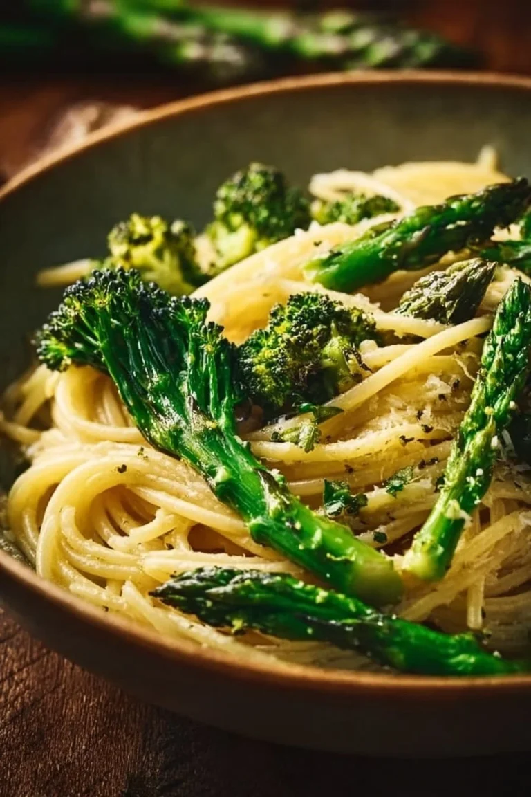 Plate of Lemon Garlic Pasta with Broccoli and Asparagus garnished with herbs