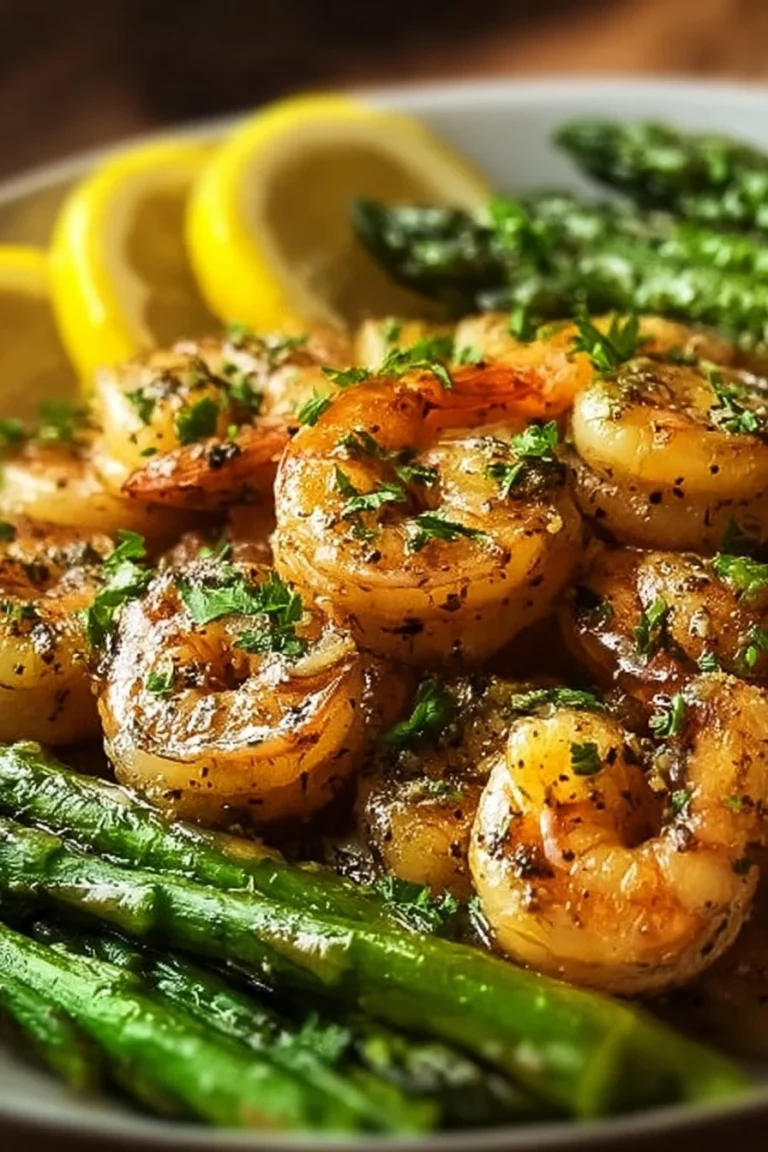 Delicious Lemon Garlic Shrimp with Asparagus served on a plate