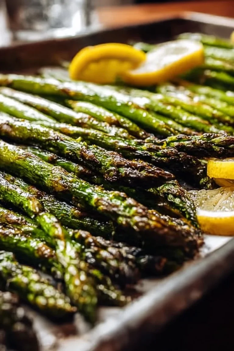 Plate of lemon oven roasted asparagus garnished with herbs