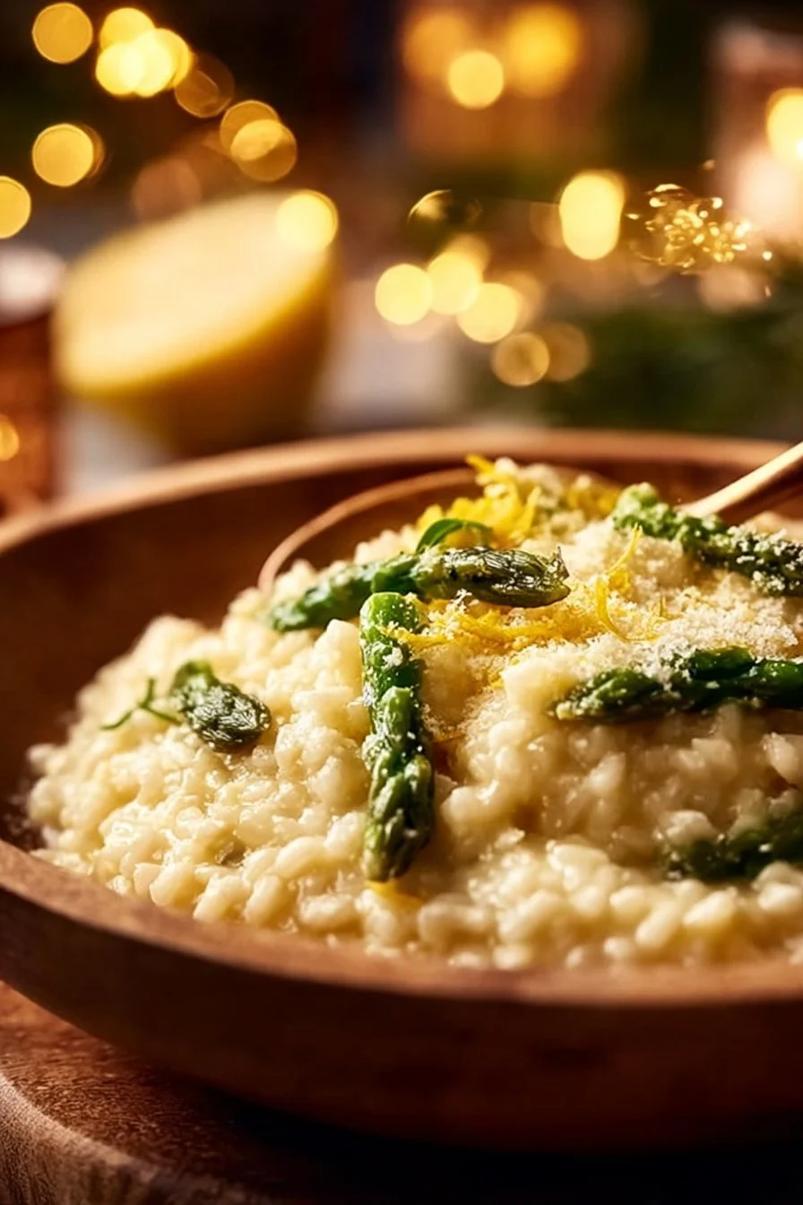 A creamy bowl of Lemon Parmesan Risotto garnished with fresh herbs