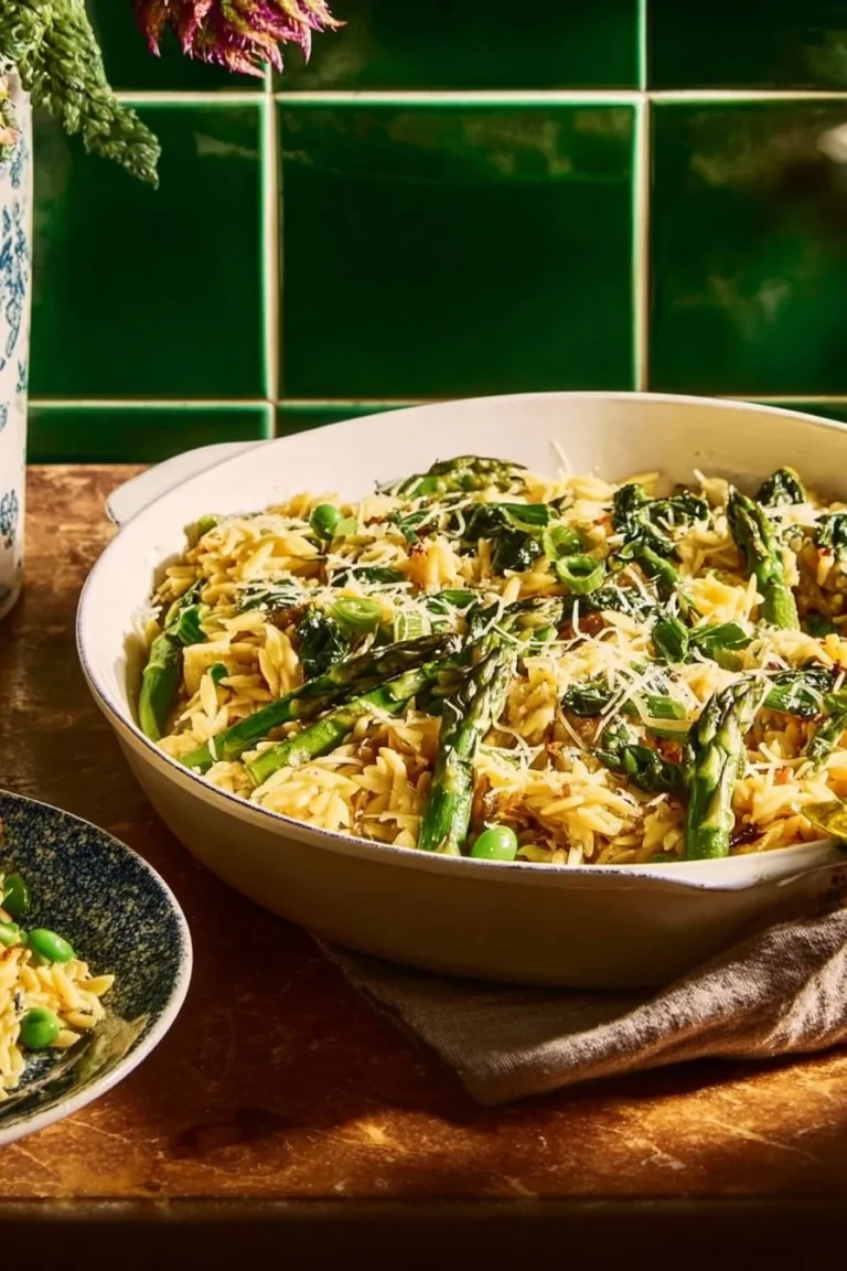 Delicious Lemon Pepper Orzo Casserole served in a baking dish