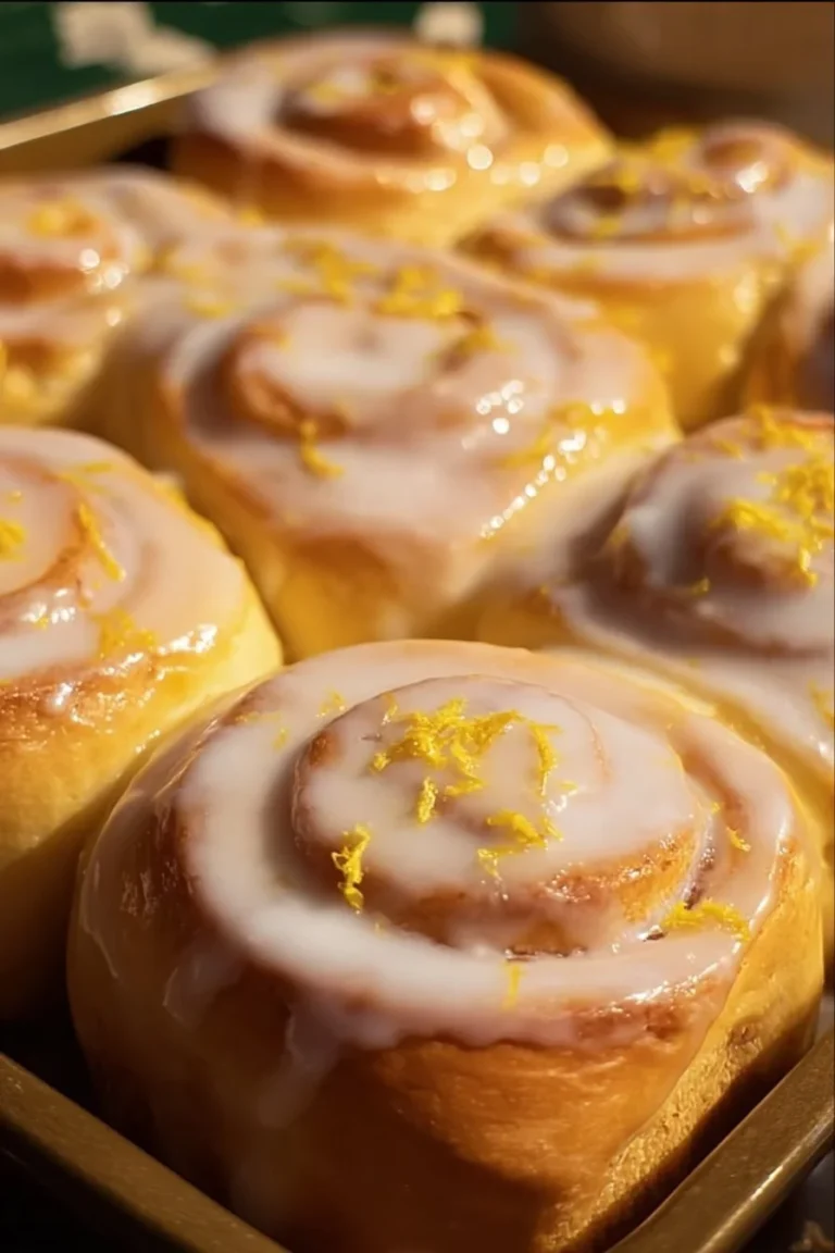 Freshly baked lemon rolls with a sweet glaze on a wooden table