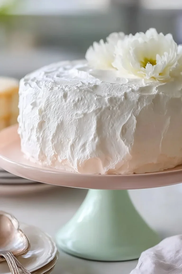 Light angel food cake topped with delicious frosting on a white plate.
