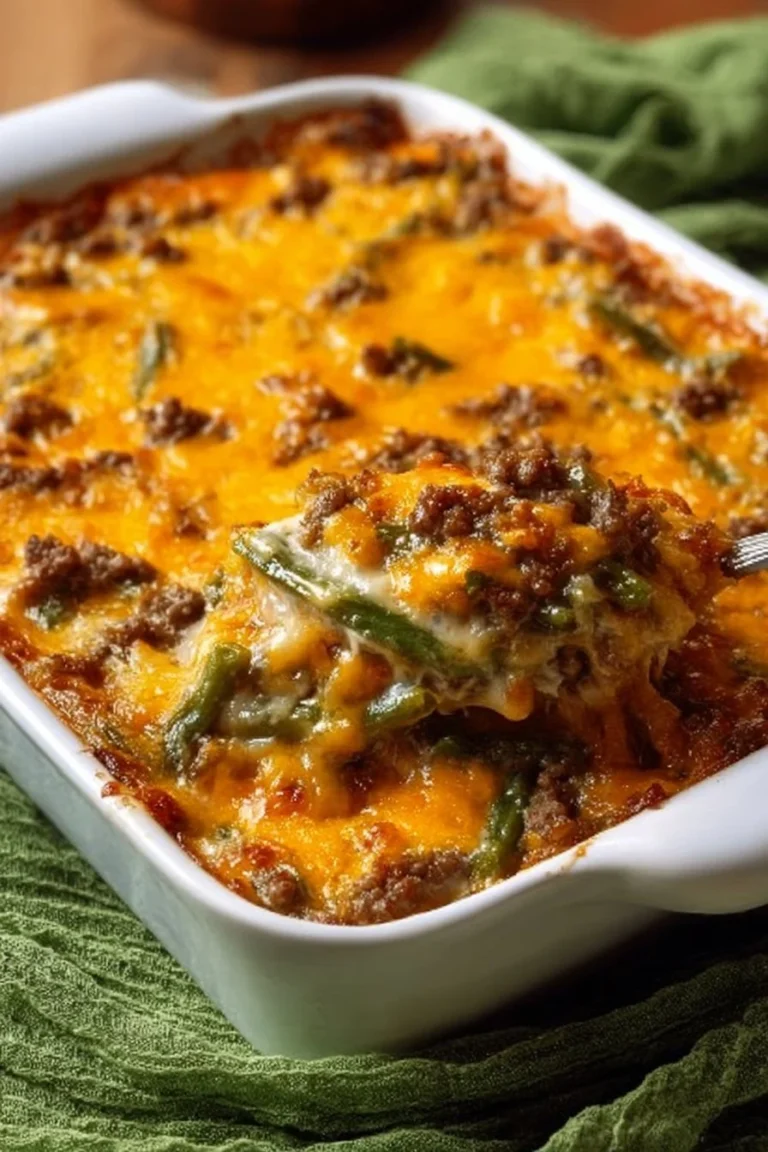 Low-carb hamburger green bean casserole served in a dish