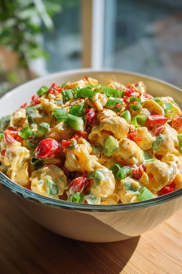 Colorful macaroni salad with vegetables and dressing, perfect for summer picnics.