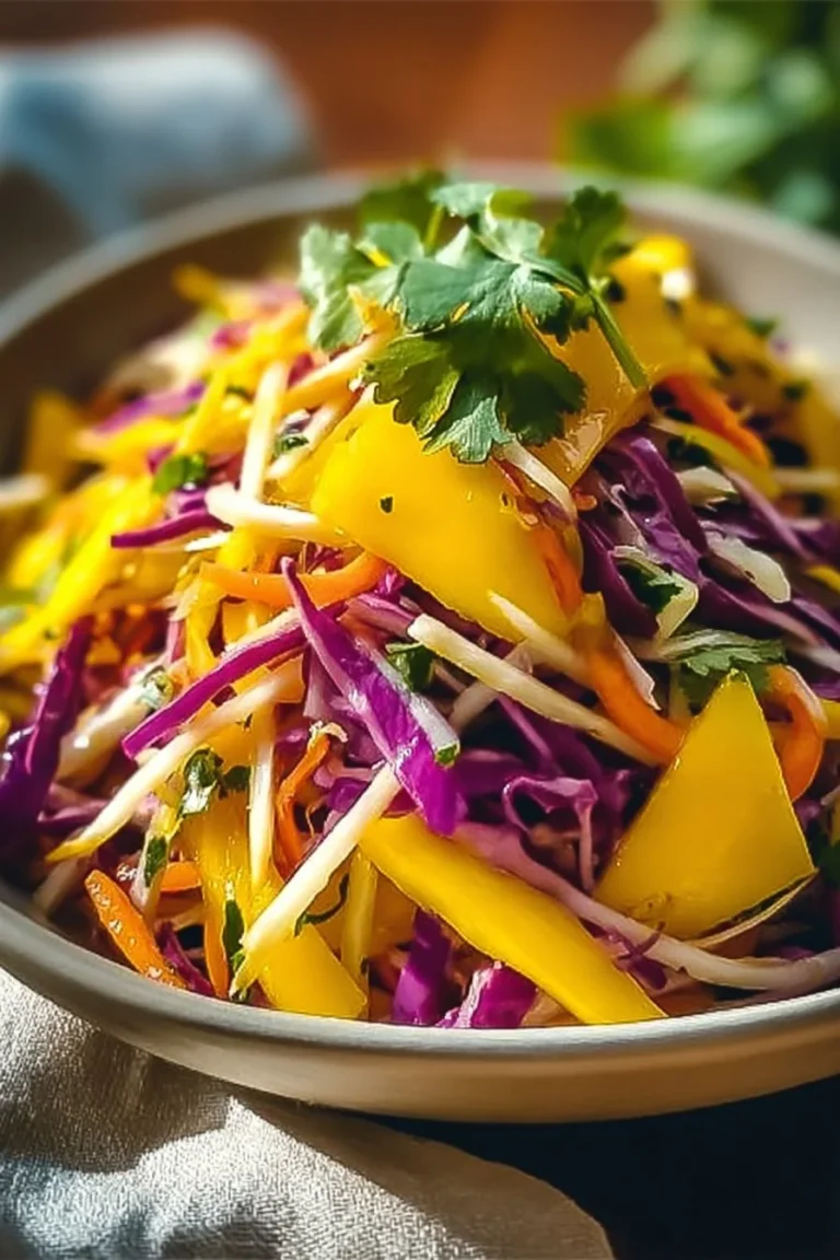 Delicious mango slaw in a bowl, showcasing vibrant colors and fresh ingredients.