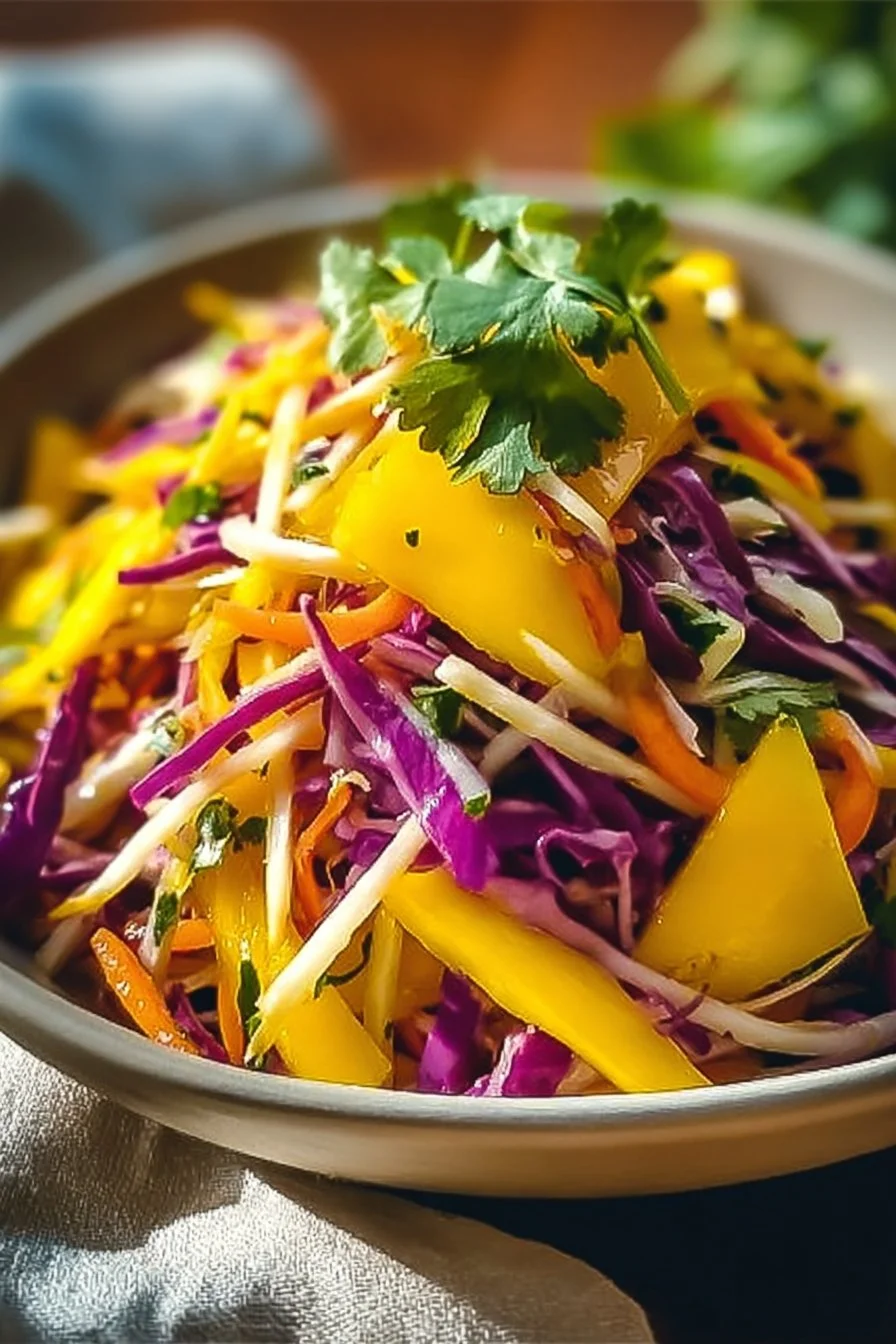 Delicious mango slaw in a bowl, showcasing vibrant colors and fresh ingredients.