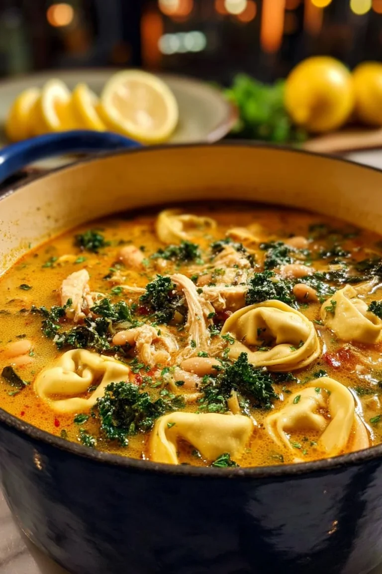Delicious Marry Me Chicken Tortellini Soup in a bowl garnished with herbs