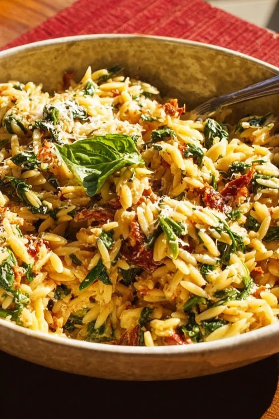 Delicious Marry Me Orzo Casserole topped with cheese and herbs