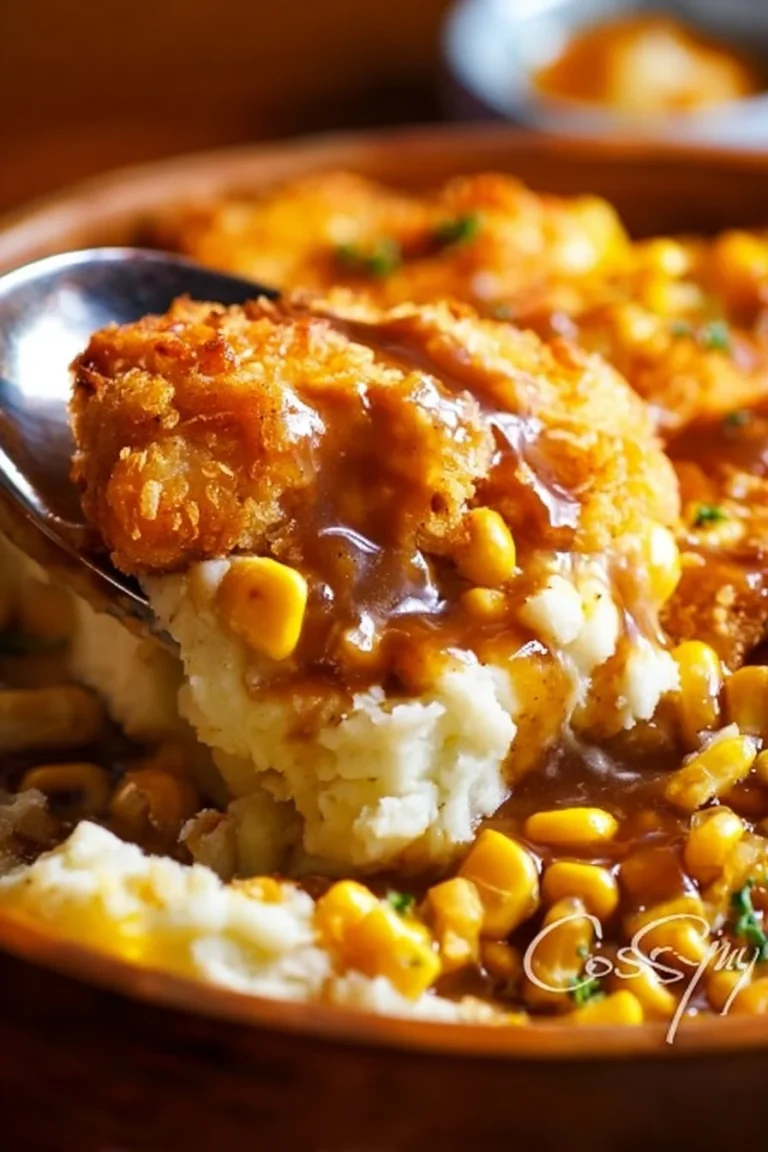 Mashed potato casserole topped with crispy chicken for a hearty meal