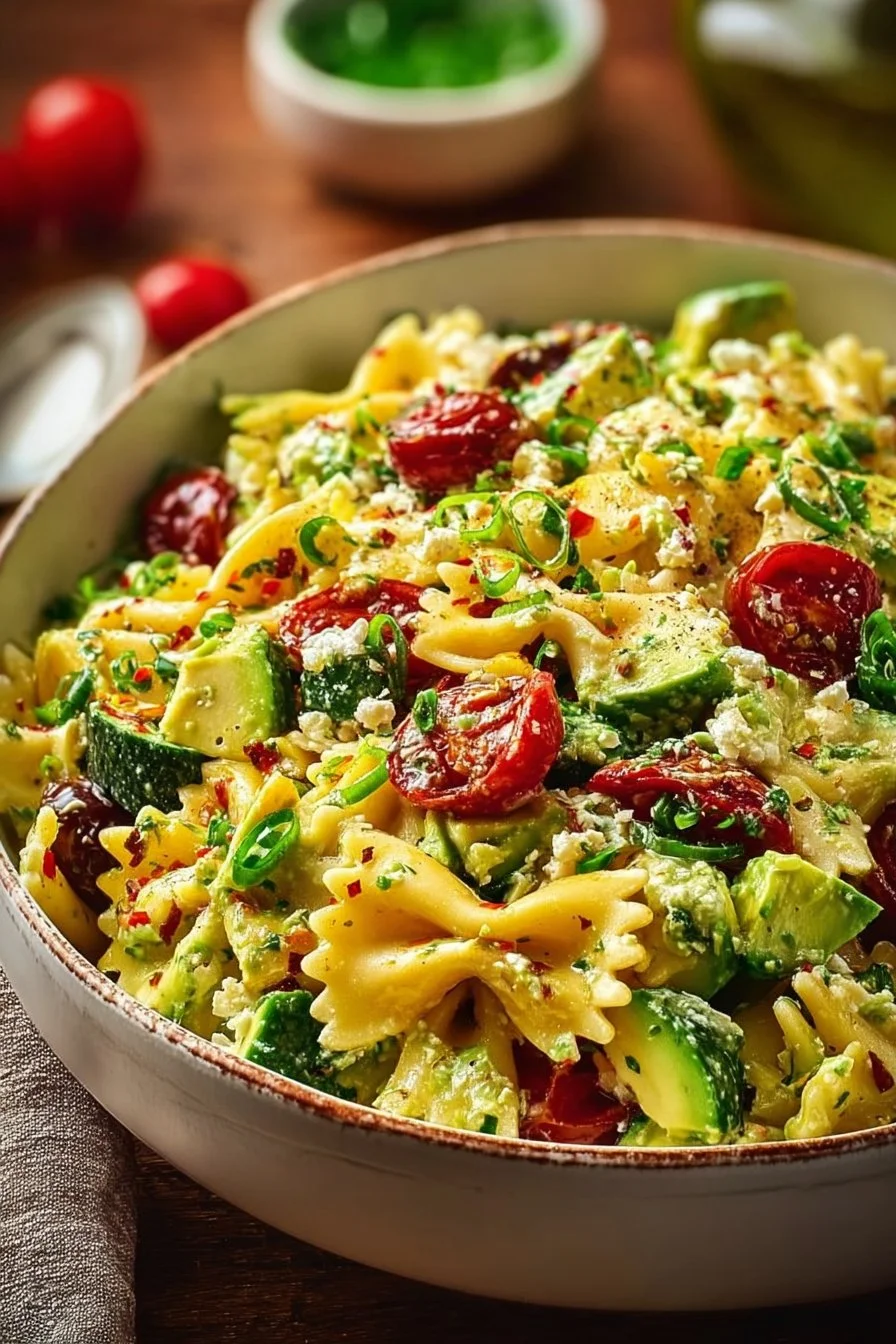 Mediterranean Avocado Pasta Salad with vibrant veggies and pasta
