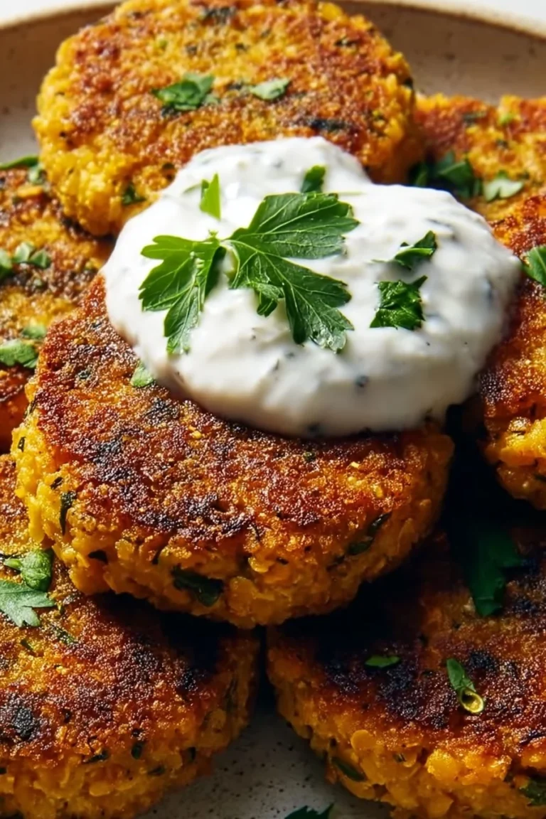 Mediterranean Lemon Chickpea Patties served with yogurt sauce on a plate