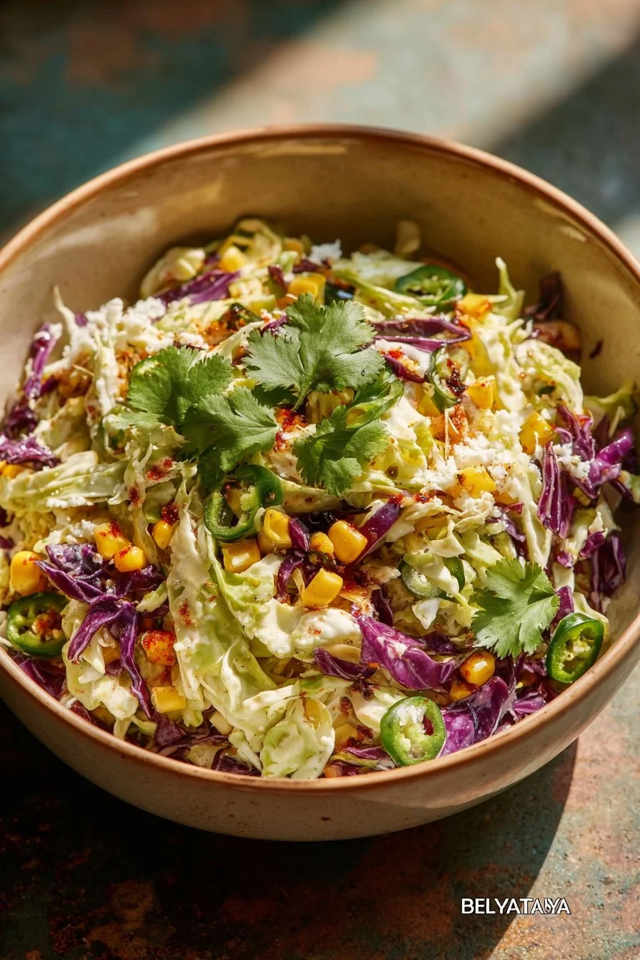 Mexican street corn coleslaw with vibrant toppings and spices