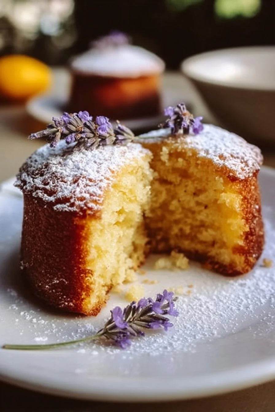 Image of mini lemon lavender cakes with floral decorations and lemon slices