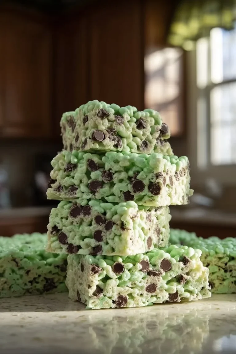 Mint chocolate chip Rice Krispie treats stacked on a plate.