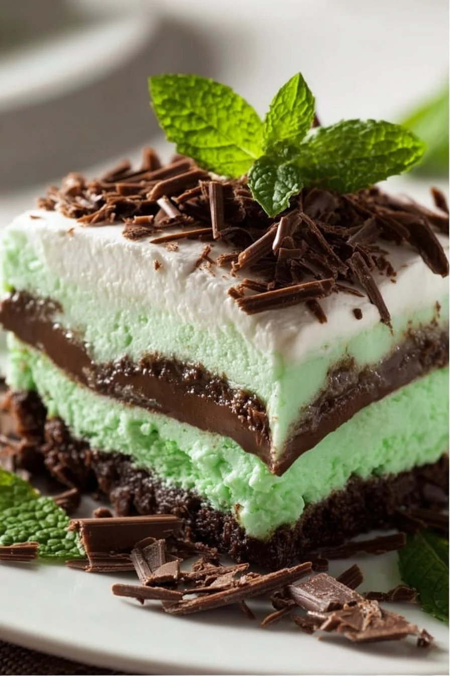 Delicious Mint Chocolate Lasagna served in a glass dish with mint leaves on top.