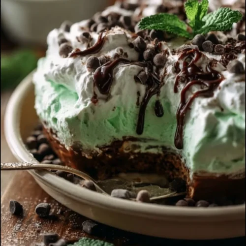 Delicious Mint Chocolate Lush dessert with layers of mint and chocolate