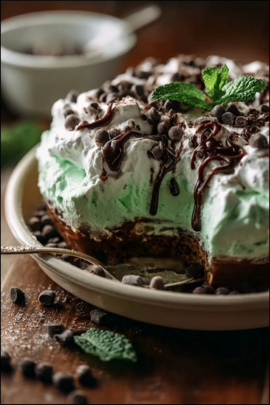 Delicious Mint Chocolate Lush dessert with layers of mint and chocolate