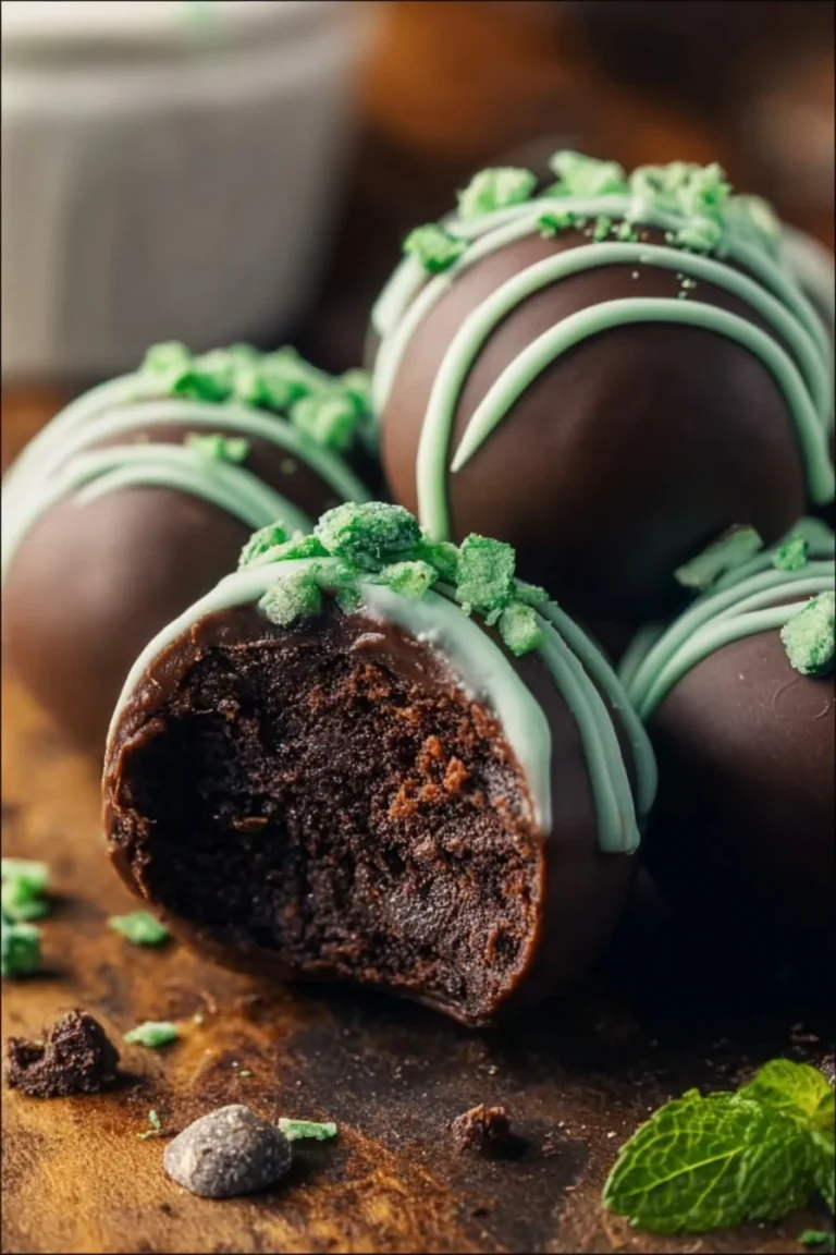 Delicious Mint Oreo Balls decorated with mint leaves and chocolate drizzle.