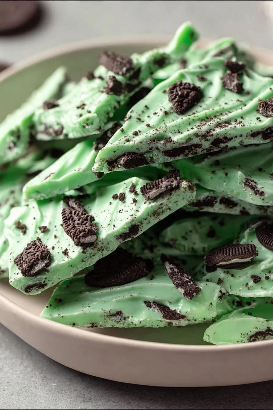 Delicious Mint Oreo Bark with crushed Oreos and chocolate layers