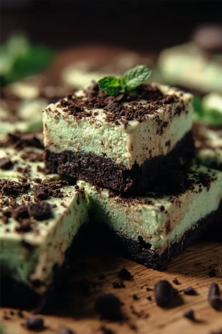 Mint Oreo Cheesecake Bars topped with crushed Oreos and mint frosting