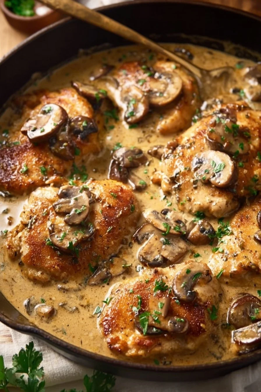 Creamy Mushroom Chicken dish served in a skillet