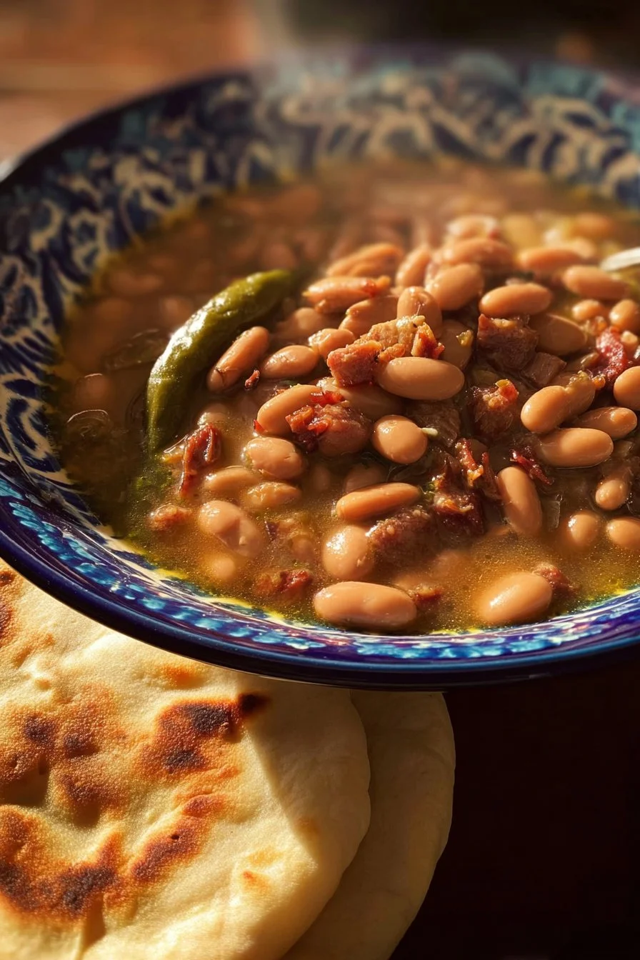 Bowl of New Mexico Green Chile Beans with Bacon garnished with cilantro