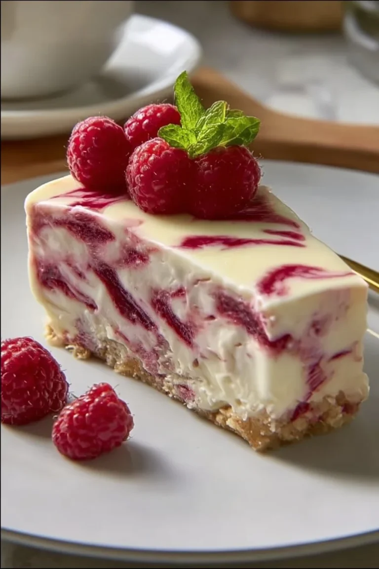 No Bake Raspberry Cheesecake topped with fresh raspberries and whipped cream