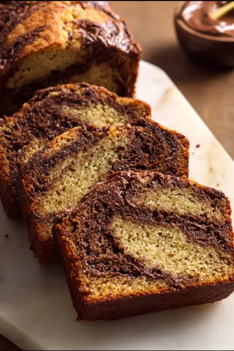 Nutella swirled banana bread fresh out of the oven, ready to be enjoyed.