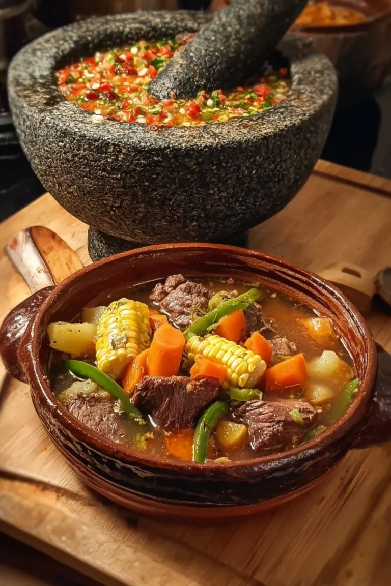 A pot of simmering Old Fashioned Beef Broth filled with herbs and spices.