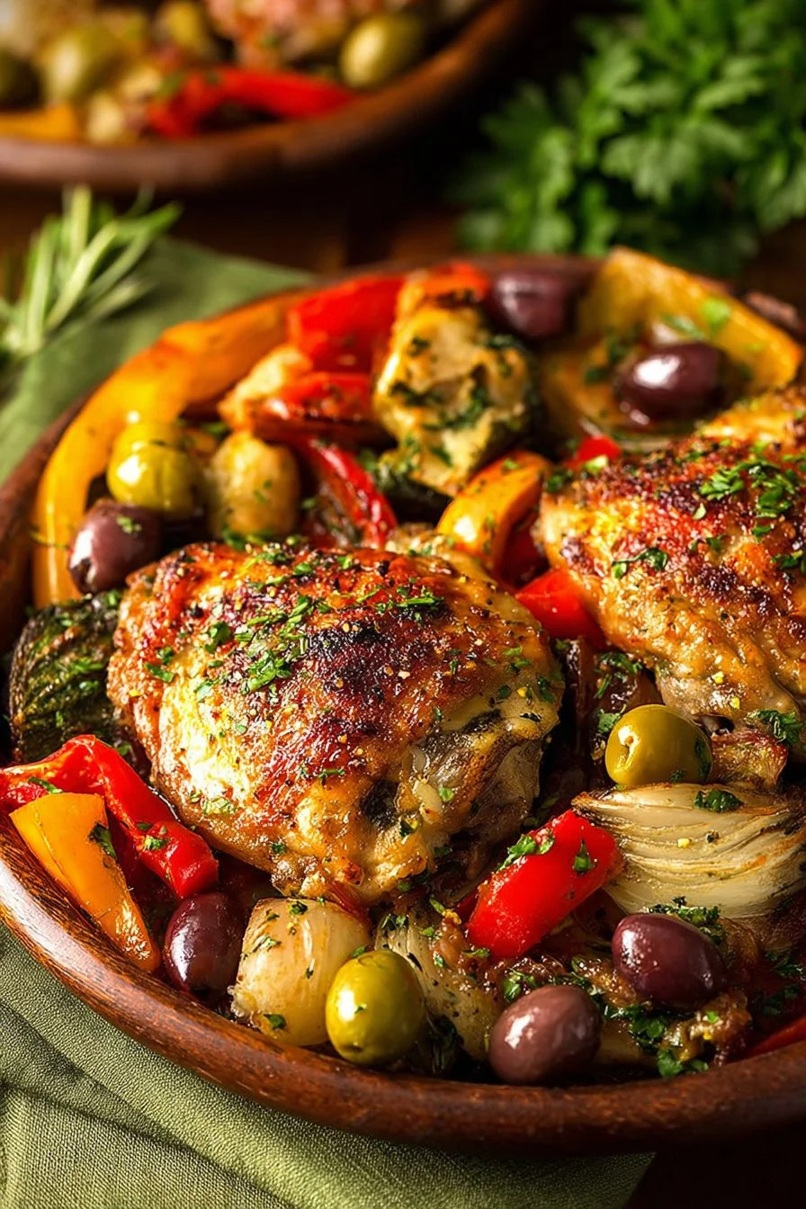 Delicious Olive Mediterranean Chicken Thighs garnished with herbs