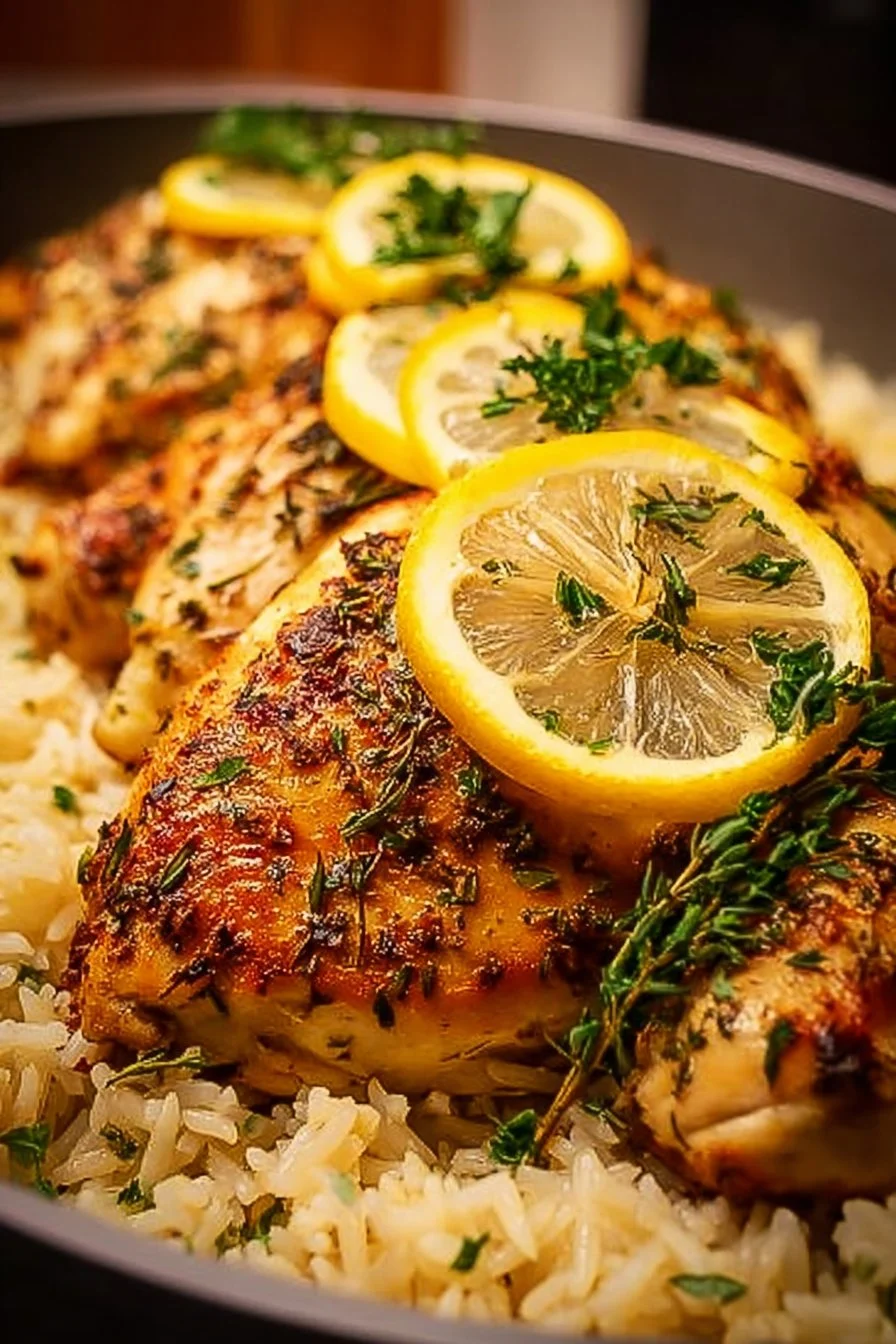 One-Pot Lemon Herb Chicken and Rice dish with fresh herbs and lemon garnish