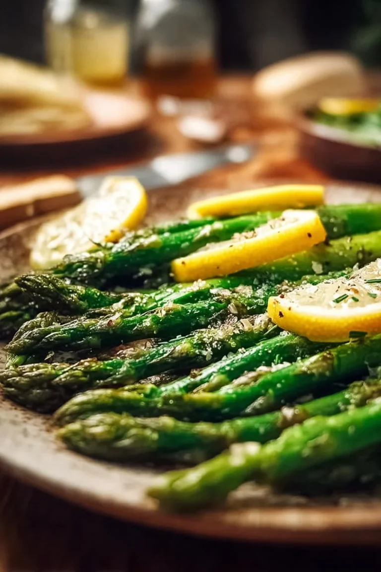 Oven roasted lemon garlic asparagus on a serving platter.