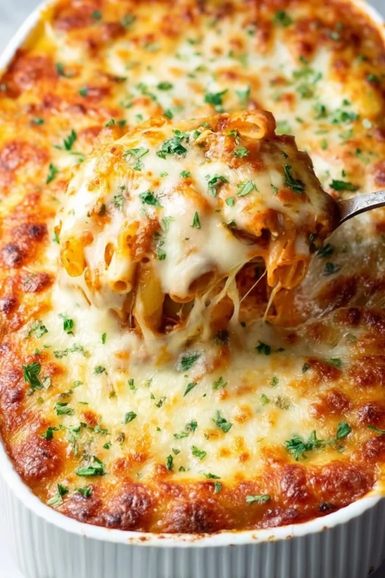 Delicious homemade Pasta Bake topped with melted cheese and fresh herbs