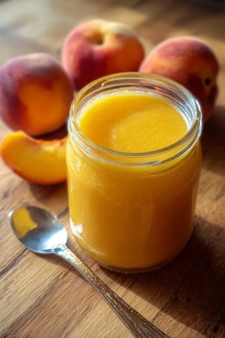 Homemade peach curd in a jar with fresh peaches on the side