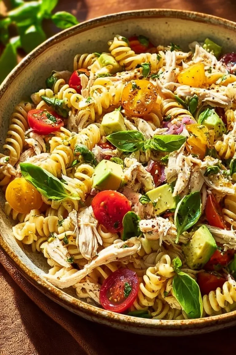 Delicious and fresh chicken pasta salad in a bowl with vegetables and dressing