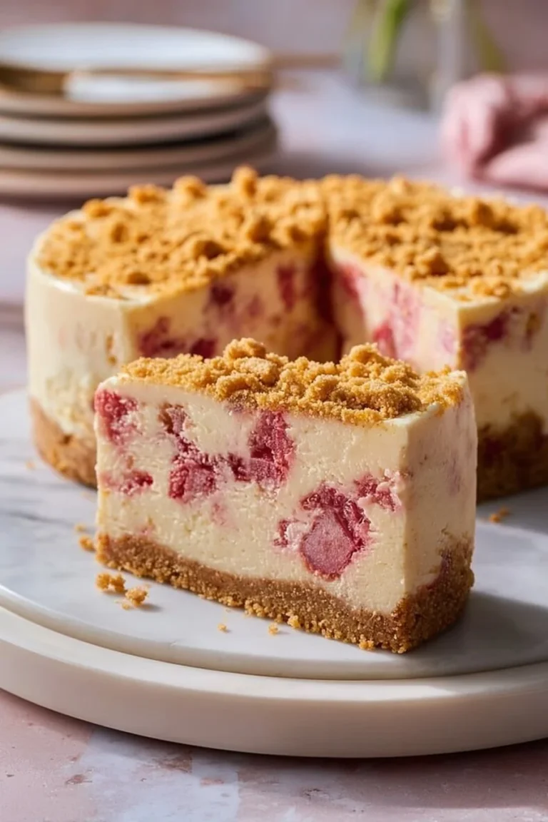 Delicious rhubarb crumble cheesecake with creamy filling and crumbly topping