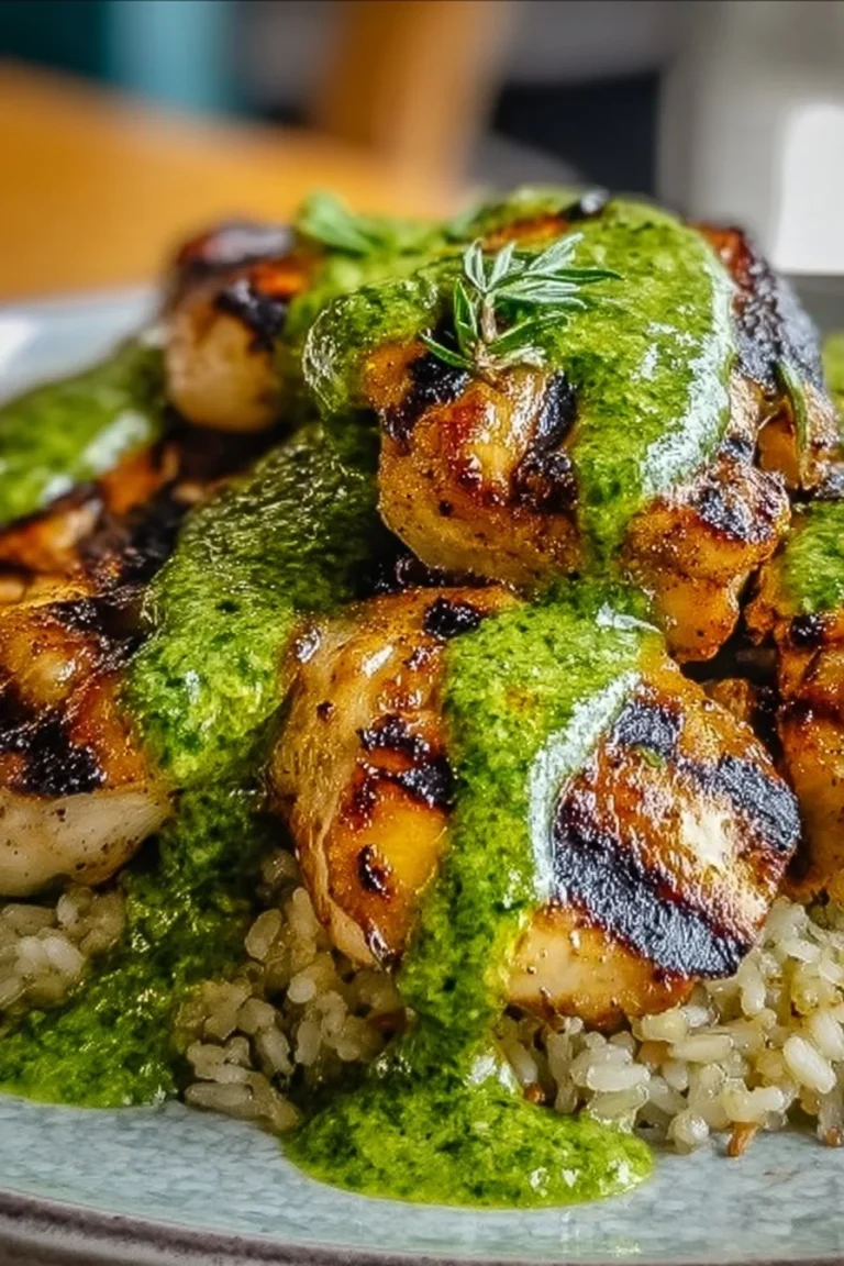 Plate of Peruvian chicken served with rice and vibrant green sauce.
