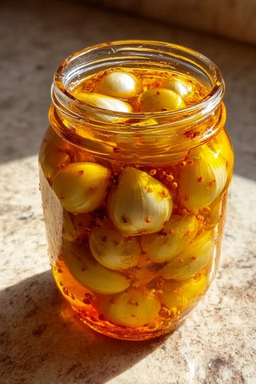 Homemade pickled garlic cloves in a jar, ideal for enhancing flavors.
