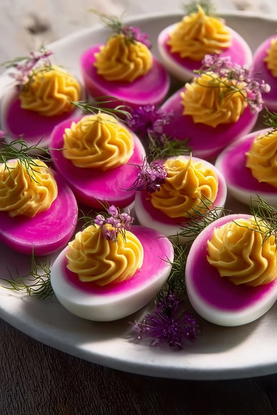 Colorful pink deviled eggs garnished with herbs, perfect for festive occasions.