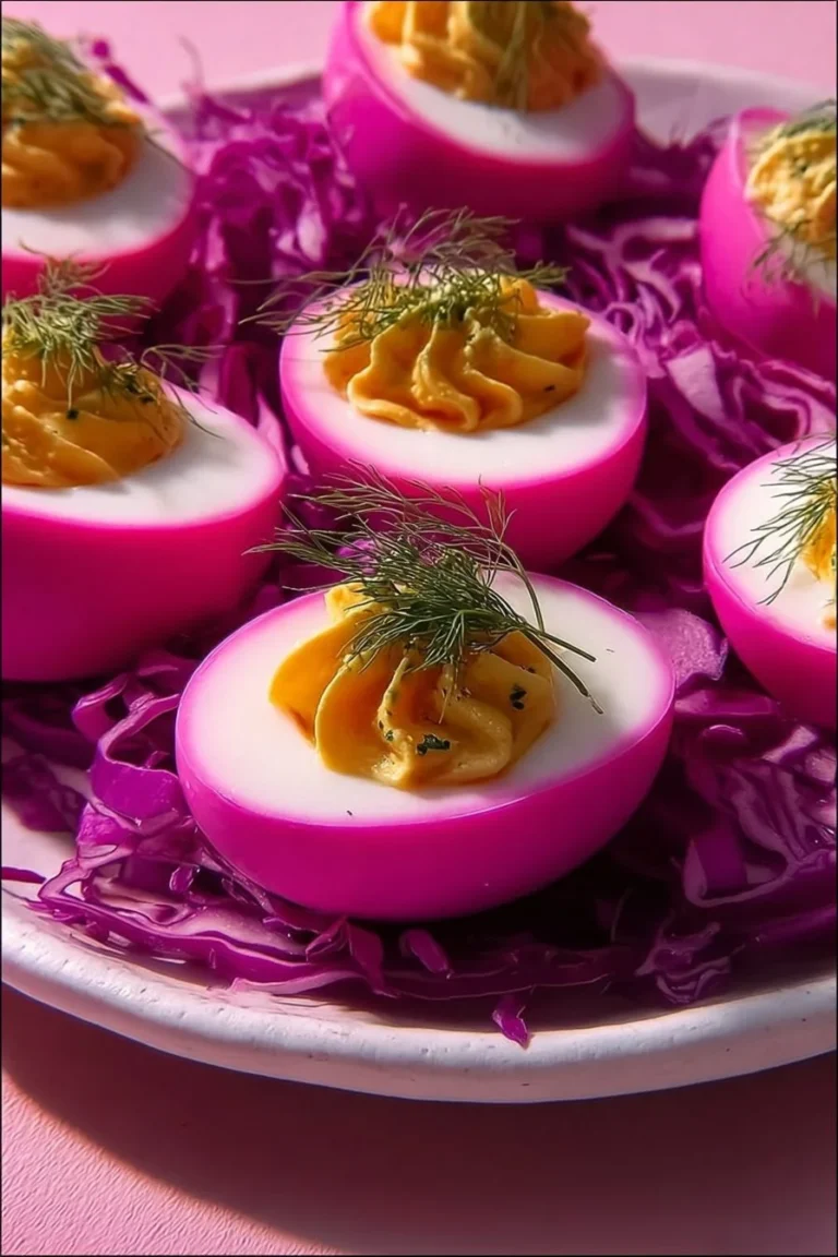 Colorful pink deviled eggs garnished for a festive presentation