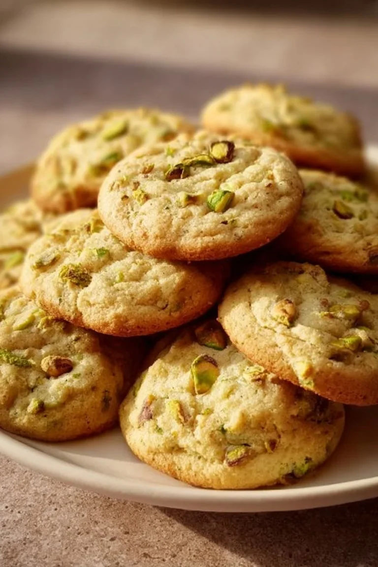 Freshly baked pistachio cookies on a cooling rack