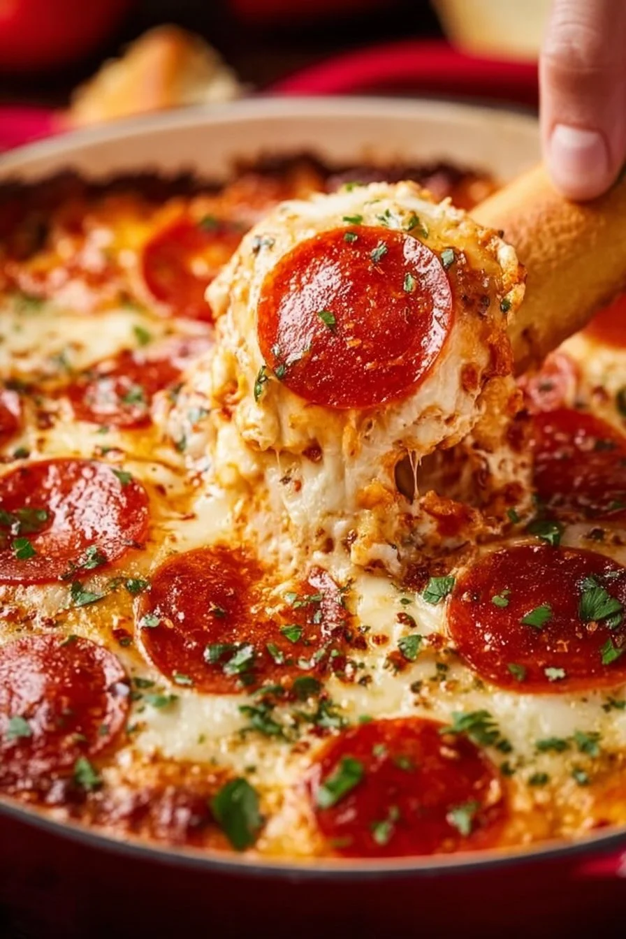 Delicious homemade pizza dip served with crispy breadsticks.