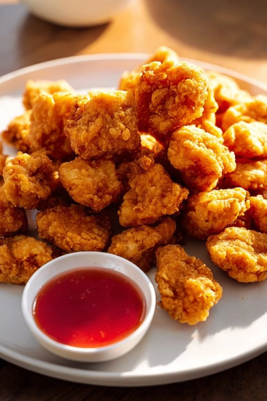 Crispy popcorn chicken meal served with dipping sauce