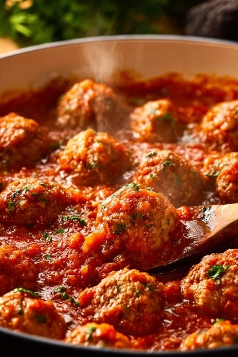 Plate of homemade porcupine meatballs served with sauce and garnishes.