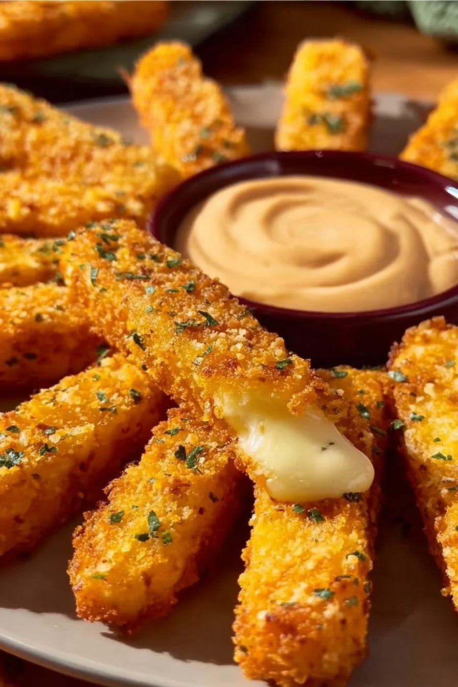Golden-brown Potato Cheese Sticks served on a plate with dipping sauce